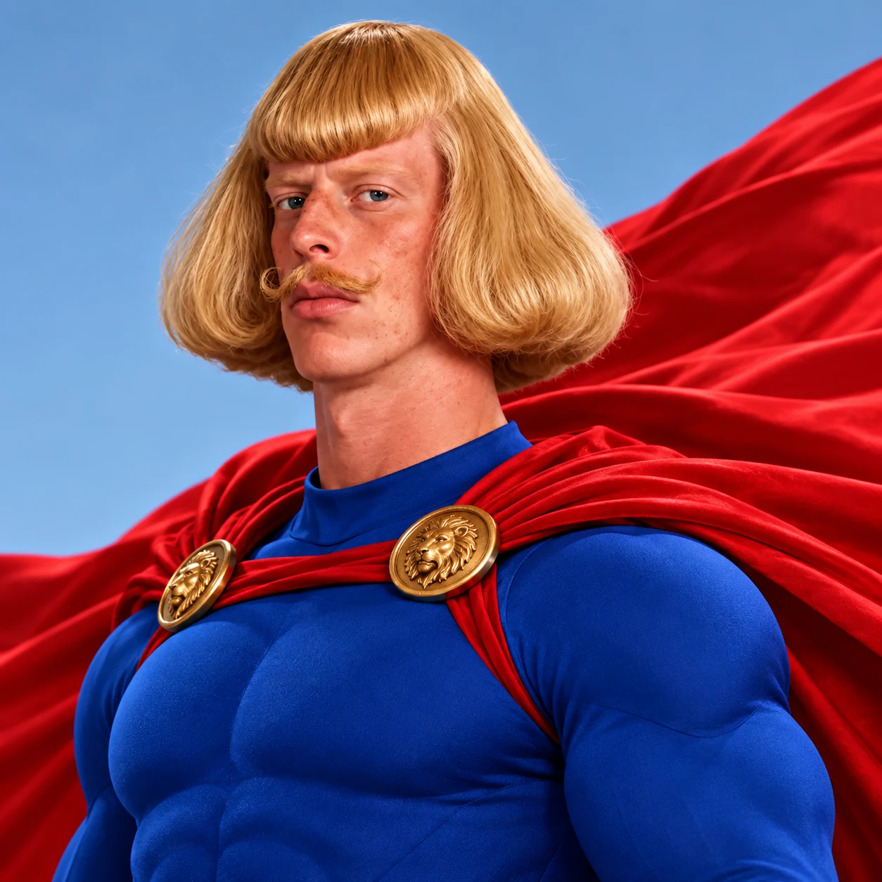 Super Jean Phil wearing a blue superhero suit, a red cape, and a golden bowl haircut